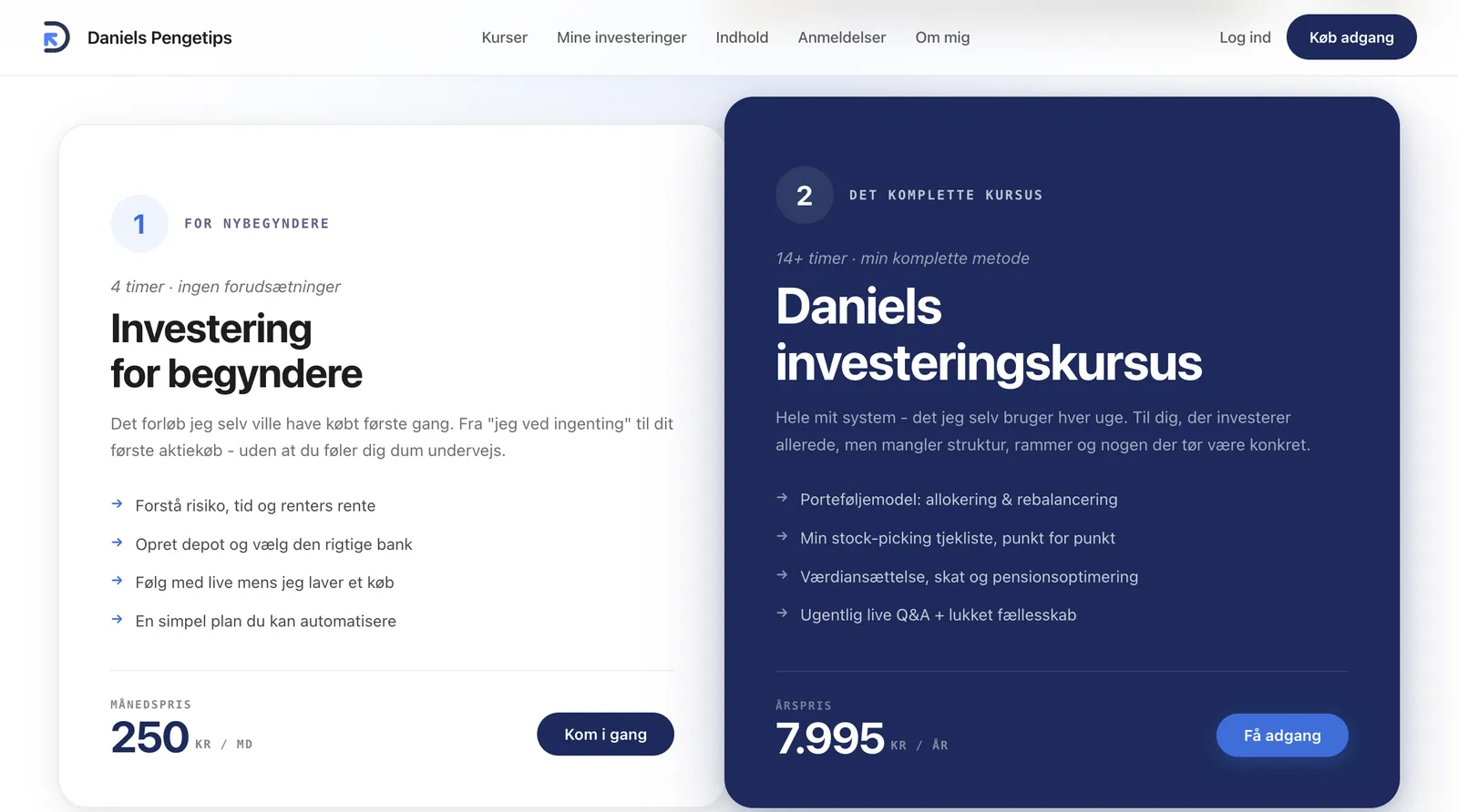 The two courses side by side with price and content