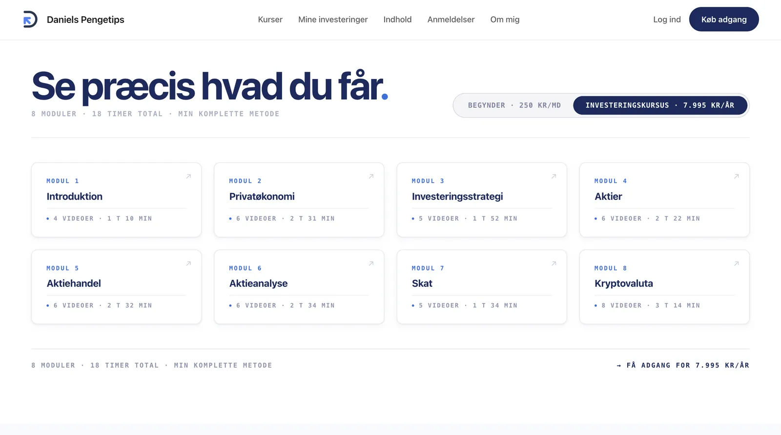 Course overview with all eight modules