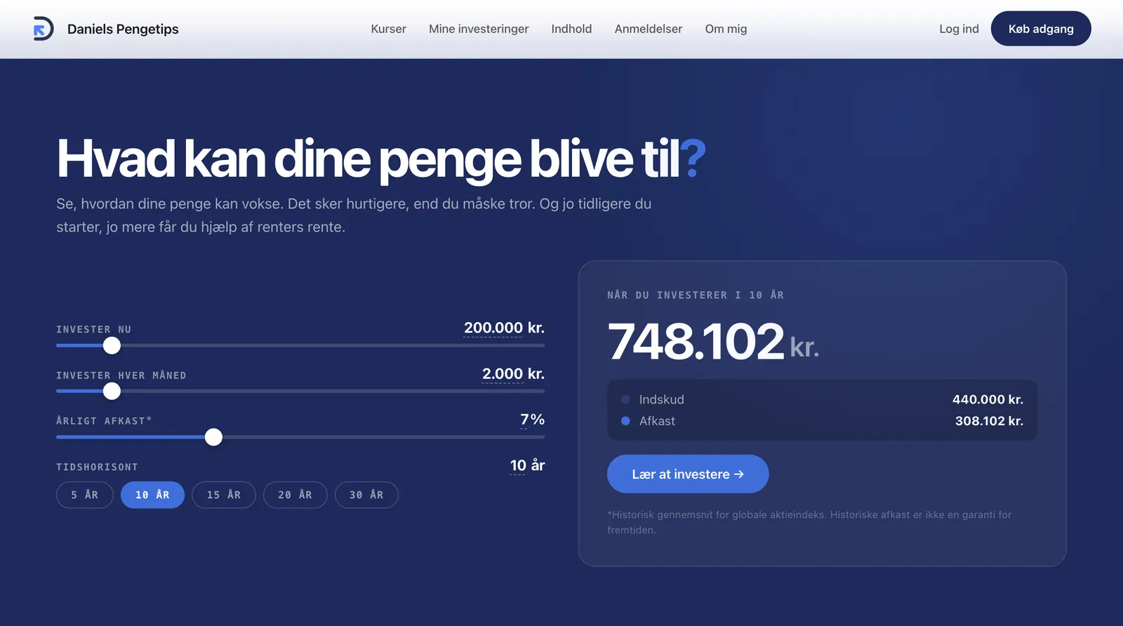 Interactive compound interest calculator on a dark navy background